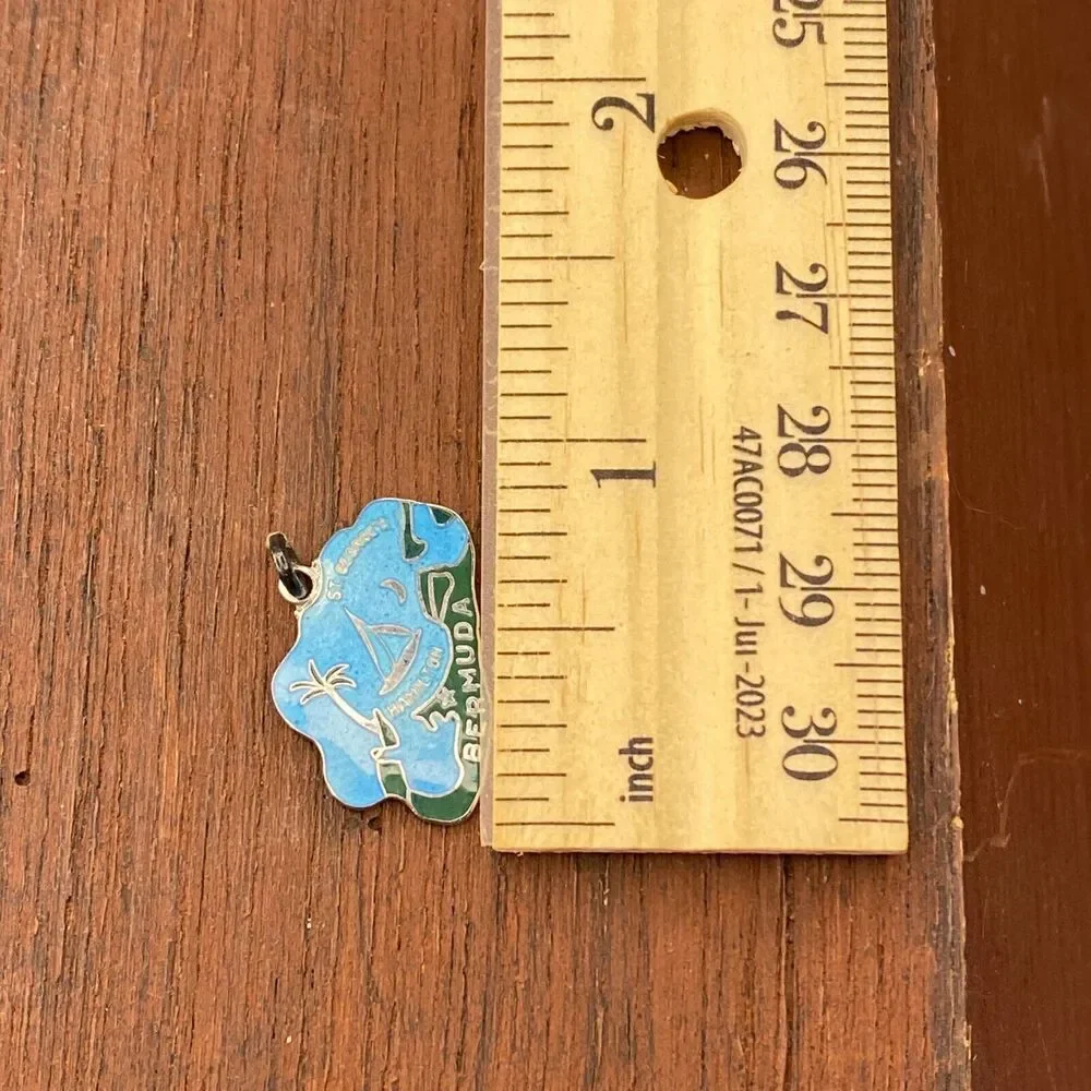 Vintage Wells 925 Sterling Silver Cloisonné "Bermuda" Map Pendant Charm - Picture 3 of 3